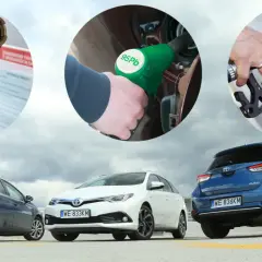 Tankowanie aut spalinowych: pistolety na stacji paliw i trzy samochody Toyota Auris.