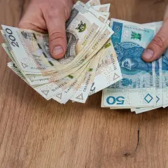 Dłonie trzymają stosy polskich banknotów 200 zł i 50 zł. Może to być zapłata za kartę pojazdu leasing.