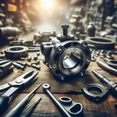 Warsztat mechanika z narzędziami i zaworem. Objawy niedotartych zaworów mogą być widoczne na tym precyzyjnym elemencie.