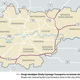 Mapa Krakowa z zaznaczonym obszarem Strefy Czystego Transportu. Widać granice dzielnic i główne drogi.