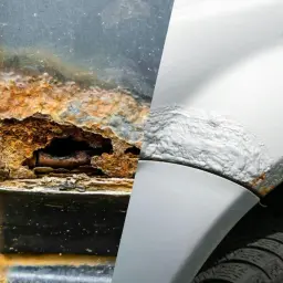 Przed i po: zniszczona rdza na samochodzie po lewej, gładka, nowa powierzchnia po prawej.