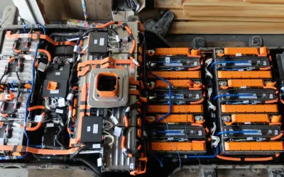 Widok z góry na budowę baterii samochodu elektrycznego, z widocznymi modułami ogniw, pomarańczowymi przewodami i czarnymi skrzynkami sterującymi.