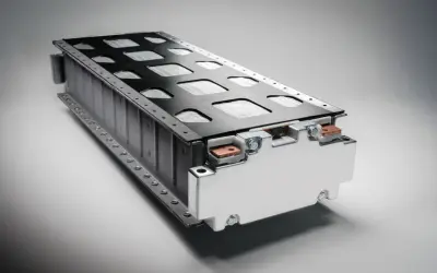 Prototyp baterii ze stałym elektrolitem, z metalową obudową i czarną, perforowaną pokrywą.