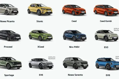 Kolekcja samochodów Kia: od miejskich Picanto i Stonic, przez rodzinne Ceed, kombi, SUV-y jak Sportage, po elektryczne modele EV6, EV9 i nowości EV3. Wśród nich znajdziesz też samochody segmentu D.
