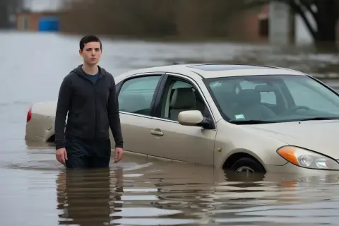 Młody mężczyzna stoi w wodzie obok swojego beżowego sedana. Niestety, kupiłem auto po powodzi, a teraz stoi ono zanurzone po drzwi.
