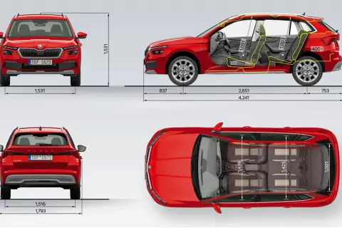 Skoda Kamiq wymiary: widok z przodu, boku, tyłu i z góry z zaznaczonymi wymiarami wnętrza i nadwozia.