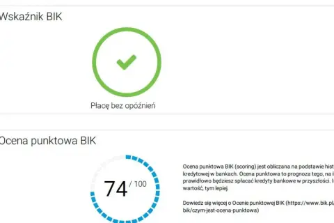 Jak sprawdzić siebie w BIK? Widoczny wskaźnik BIK z zielonym zaznaczeniem i ocena punktowa 74/100.