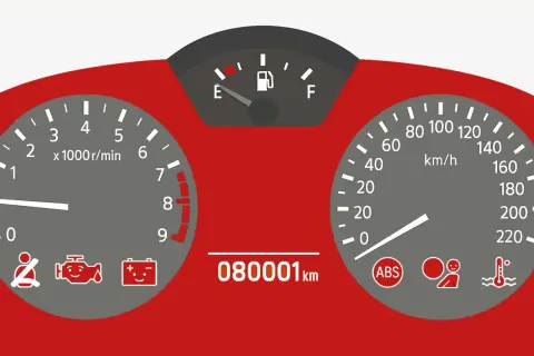 Kontrolki w aucie co oznaczają: wskaźnik paliwa, obrotomierz, prędkościomierz, ABS, temperatura silnika, kontrolka silnika, akumulator, pasy.