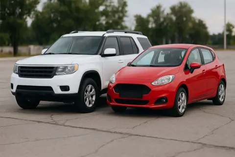 Biały SUV i czerwony hatchback, dwa auta klasy A, stoją obok siebie na pustym parkingu.