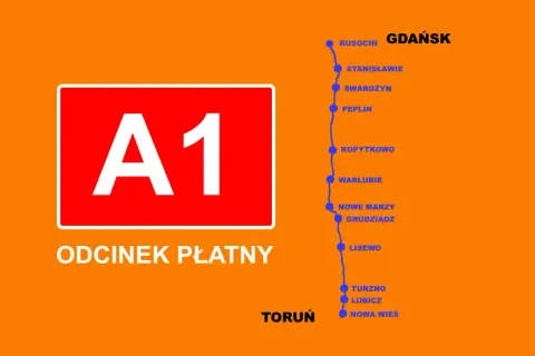 Autostrada A1 od Torunia do Gdańska jest płatna. Zobacz odcinek płatny z zaznaczonymi miejscowościami.