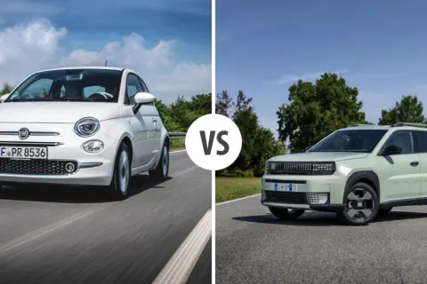 Porównanie dwóch modeli Fiat: klasycznego Fiata 500 i nowego, zielonego Fiata SUV.