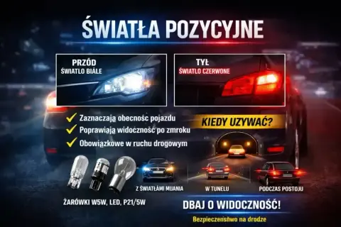 Światła postojowe: białe z przodu, czerwone z tyłu. Zwiększają widoczność i bezpieczeństwo na drodze.