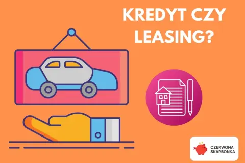 Kredyt czy leasing? Ilustracja przedstawia różne rodzaje kredytów i finansowania, w tym samochód i umowę z domkiem.