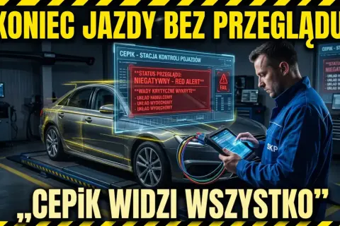 Mechanik sprawdza auto na stacji diagnostycznej. Na ekranie widnieje komunikat o negatywnym statusie przeglądu i wykrytych wadach, co może skutkować konfiskatą samochodu.