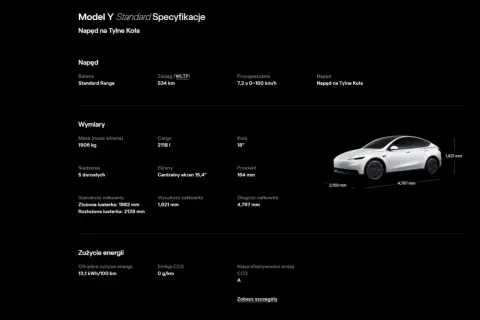 Tesla Model Y Standard Range: wymiary 4797 mm długości, 1621 mm wysokości, 2129 mm szerokości z lusterkami.