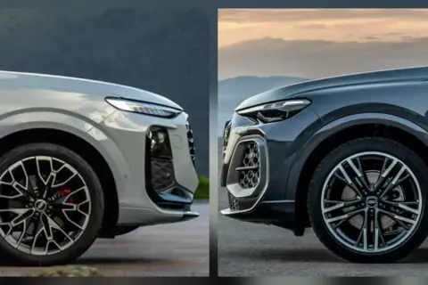 Porównanie przednich części dwóch Audi Q5 różnych generacji. Jasnoszary i ciemnoszary SUV z charakterystycznymi detalami.