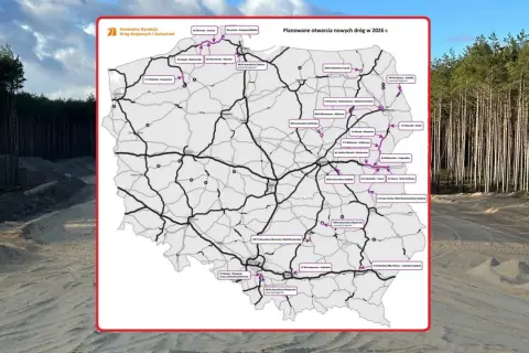 Mapa Polski z planem budowy autostrad do 2041 roku. Obok widok budowy drogi w lesie.