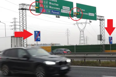 Kamery odcinkowy pomiar prędkości Warszawa na autostradzie. Znaki informują o kierunkach do miast.