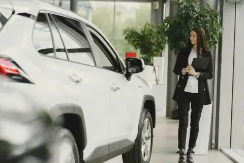 Kobieta w garniturze omawia oprocentowanie leasingu nowego białego SUV-a w salonie samochodowym.