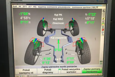 Zły kąt pochylenia koła objawy: na ekranie widoczny pomiar geometrii zawieszenia Audi A6, wskazujący nieprawidłowe wartości kątów.