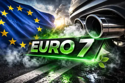 Flaga UE i dym z rury wydechowej samochodu nad napisem EURO 7. Od kiedy nowe normy emisji spalin?