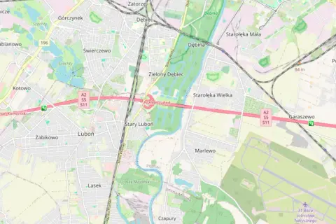 Mapa okolic Poznania z zaznaczonym odcinkowym pomiarem prędkości na A2. Widoczne Luboń, Świerczewo, Garaszewo.