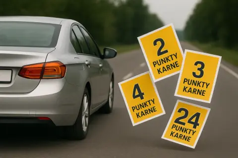 Srebrny samochód na drodze, obok unoszą się żółte kartki z liczbami punktów karnych: 2, 3, 4 i 24.