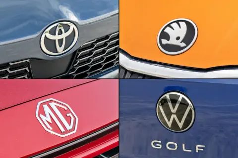 Logo Toyota, Skoda, MG i Volkswagen Golf. Kolekcja nowych marek samochodów.