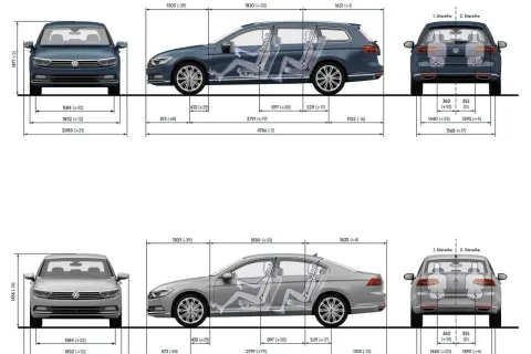 Wymiary kombi i sedana VW Passat segmentu D. Widok z przodu, z boku i z tyłu z zaznaczonymi wymiarami i przestrzenią dla pasażerów.