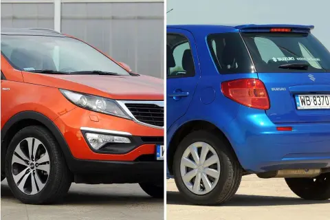 Pomarańczowy Kia Sportage i niebieski Suzuki SX4 - dwa modele, które często pojawiają się w rankingach najmniej awaryjne samochody.