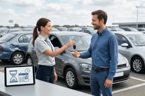 Przekazanie kluczyków do samochodu zastępczego z serwisu. Klient odbiera auto po naprawie.