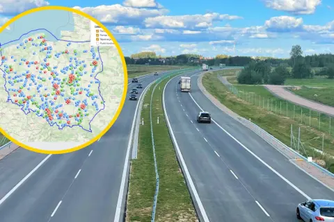 Mapa Polski z zaznaczonymi punktami kontrolnymi i odcinkowy pomiar prędkości S7.