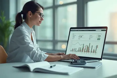 Kobieta w okularach analizuje dane na laptopie, co może być związane z rozliczaniem paliwa w firmie. Na ekranie widoczne są wykresy i liczby.