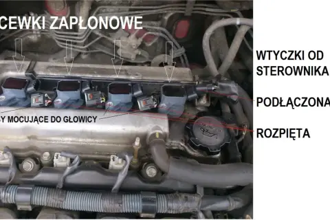 Uszkodzona cewka zapłonowa a LPG. Widoczne cewki zapłonowe silnika, ich mocowania i wtyczki od sterownika.