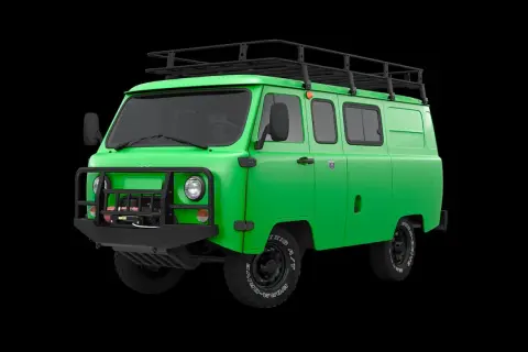 Zielony van UAZ z bagażnikiem dachowym i wyciągarką, gotowy na przygodę.