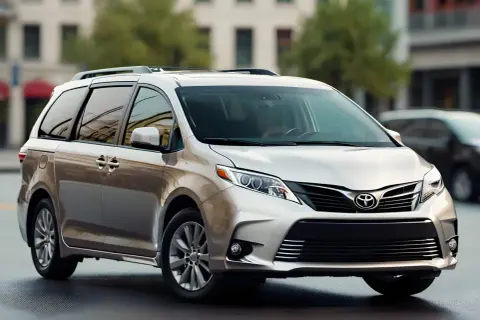 Srebrny minivan Toyota Sienna stoi na ulicy. To idealny samochód rodzinny, który pomieści wszystkich.