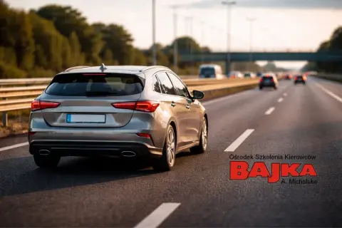 Szary samochód jedzie autostradą. Zastanawiasz się, ile można jechać poza terenem zabudowanym? Zapisz się na kurs do OSK BAJKA!
