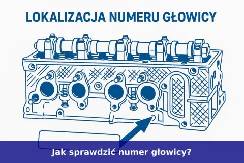 Schematyczny rysunek głowicy silnika z zaznaczonym miejscem, gdzie sprawdzić numer katalogowy części.