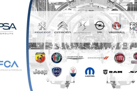 Logotypy marek Stellantis: Peugeot, Citroën, DS, Opel, Vauxhall, Fiat, Alfa Romeo, Lancia, Chrysler, Dodge, Jeep, Maserati, Abarth, Ram, SRT, Mopar.