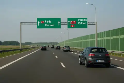 Samochód na długie trasy jedzie autostradą. Znaki wskazują drogę do Łodzi i Poznania.