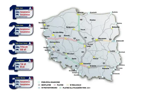 Mapa Polski z zaznaczonymi płatnymi autostradami w Polsce e-toll. Pokazuje odcinki bezpłatne i płatne, a także te w realizacji.