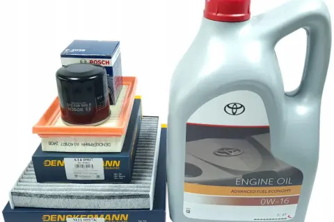 Olej silnikowy 0W-16 w 5L bańce, idealny do Toyota Yaris 1.0. W zestawie filtry powietrza i kabinowy.