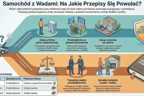 Schemat pokazuje, kiedy stosować Ustawę o prawach konsumenta, a kiedy Kodeks cywilny, np. przy zwrocie samochodu po zakupie.