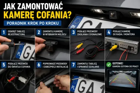 Poradnik montażu kamery cofania: odkręcanie tablicy, mocowanie kamery, podłączanie przewodów zasilania i sygnału do radia/monitora, podłączenie do światła cofania, zabezpieczenie instalacji i sprawdzenie działania.