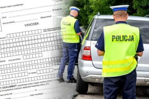Policjanci w kamizelkach odblaskowych przy samochodzie, obok formularz wniosku. Może to oznaczać kary dla kierowców.