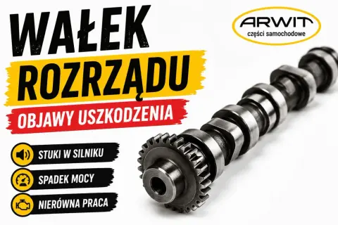 Metalowy wałek rozrządu, kluczowy element silnika, z widocznymi objawami uszkodzenia: stuki, spadek mocy, nierówna praca.