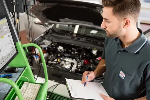 Mechanik sprawdza wyniki diagnostyki komputerowej podczas pierwszego przeglądu gwarancyjnego samochodu.