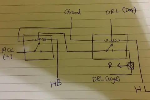 Schemat jak podłączyć światła do jazdy dziennej trzy przewody: ACC, Ground, DRL (Day/Night), HB, HL.