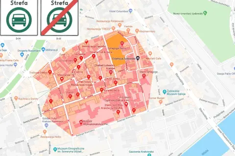 Mapa Krakowa z oznaczeniem strefy ograniczeń wjazdu, wskazująca na normy spalin w centrum miasta.