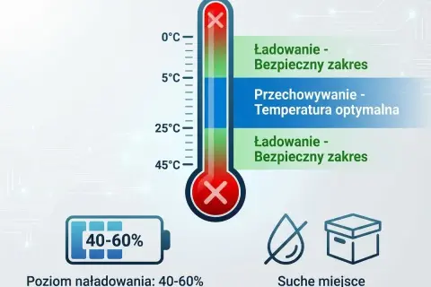 Termometr pokazuje optymalne warunki ładowania i przechowywania akumulatora (40-60% naładowania). Długo wytrzymuje w suchym miejscu.